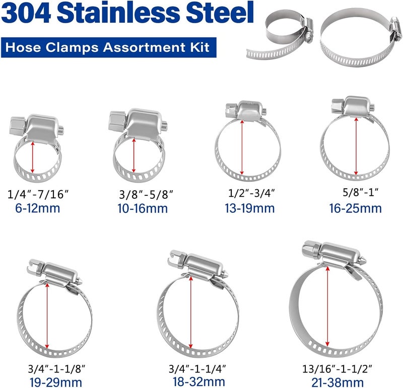 imsiboc 60PCS Stainless Steel Hose Clamps Assortment Kit, Adjustable 1/4''- 1-1/2'' (6-38mm) Worm Gear Metal Fuel Line Clamp for Plumbing, Washing Machine, Mechanical, Garden and Automotive Hose Connections - Image 2